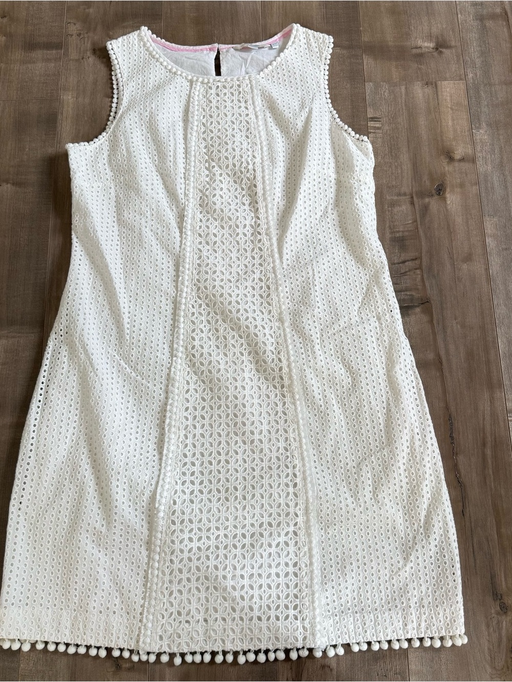 Boden White Shift Dress Eyelet Lace Pompom Women 12 Bridal Sleeveless Preppy